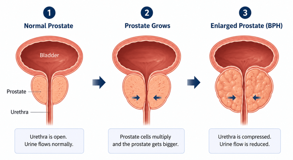 BPH causes including ageing, hormonal changes and enlarged prostate risk factors